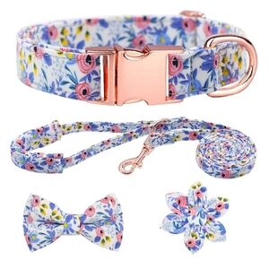 HSIGIO Blue Floral Dog Collar and Leash Set W/Add-on Flower Or Bow Tie Size M